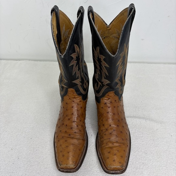 Justin Mens Full Quill Ostrich Western Cowboy Boots Black Brown Square Toe 10.5B - Picture 2 of 13